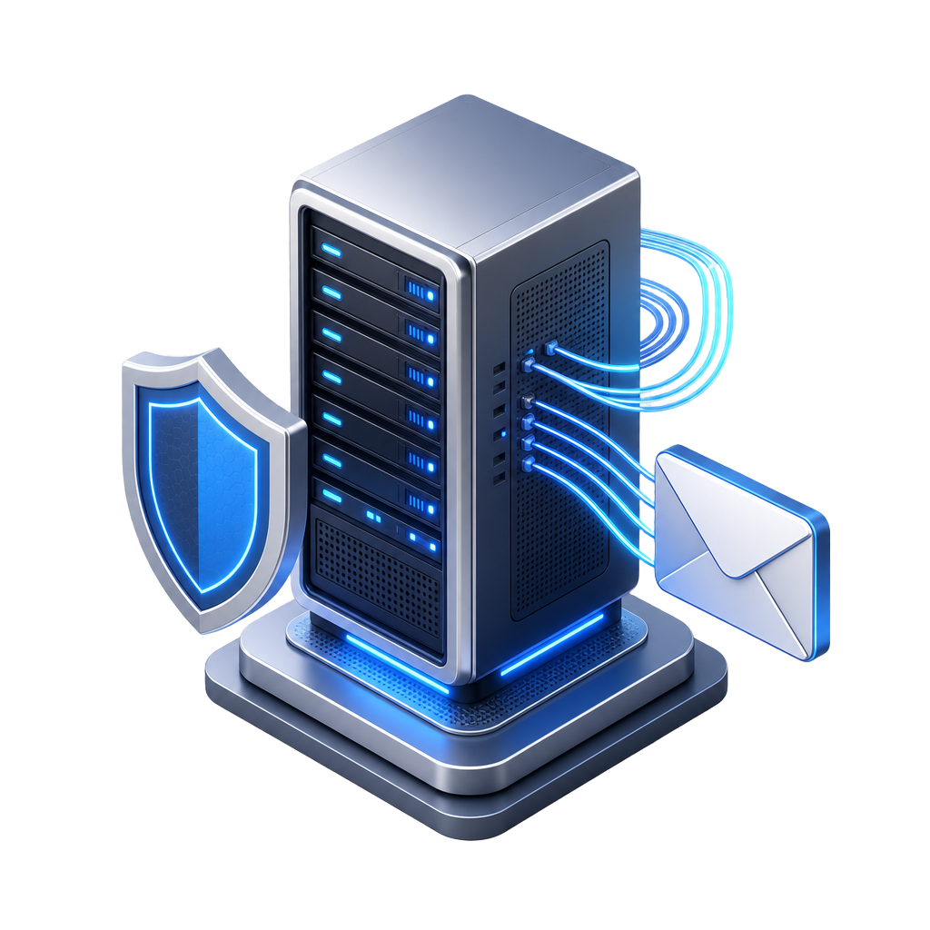Ilustração 3D de infraestrutura de email profissional e suporte técnico IT3